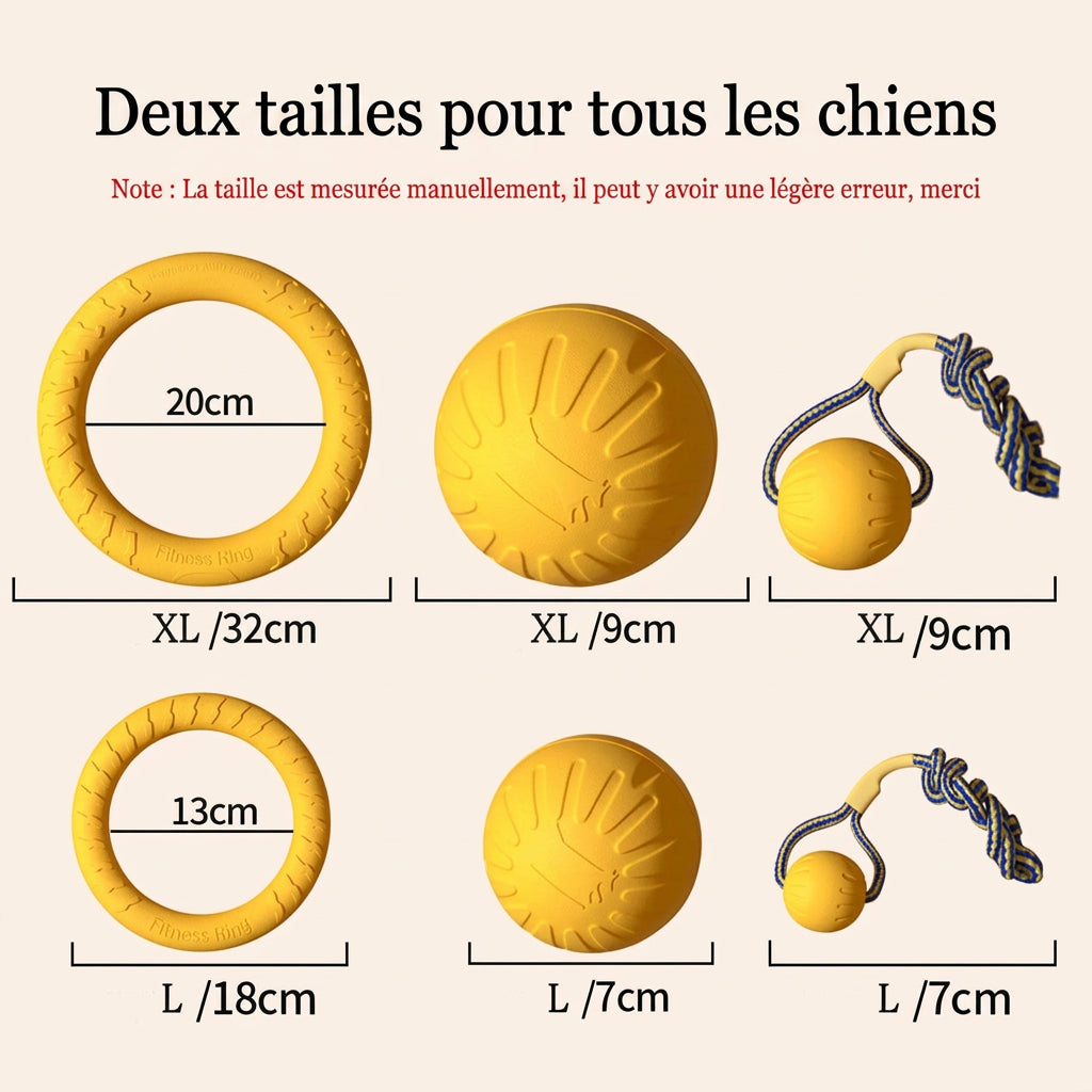 Deux tailles du kit EVA : anneau, balle et balle à corde, tailles XL et L en cm