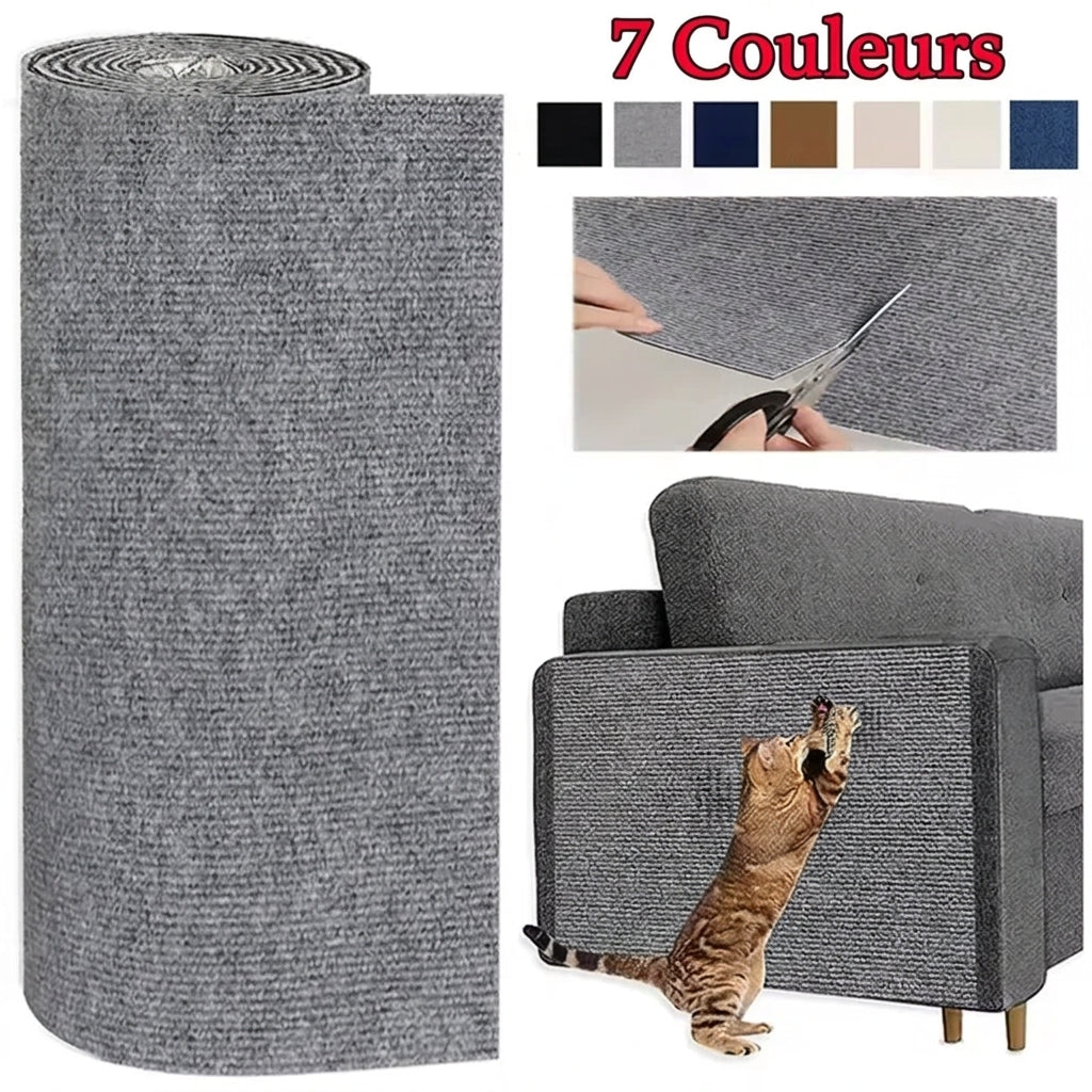 Rouleau de tapis griffoir gris découpé aux ciseaux et posé sur l'accoudoir d'un canapé, chat qui griffe, 7 coloris