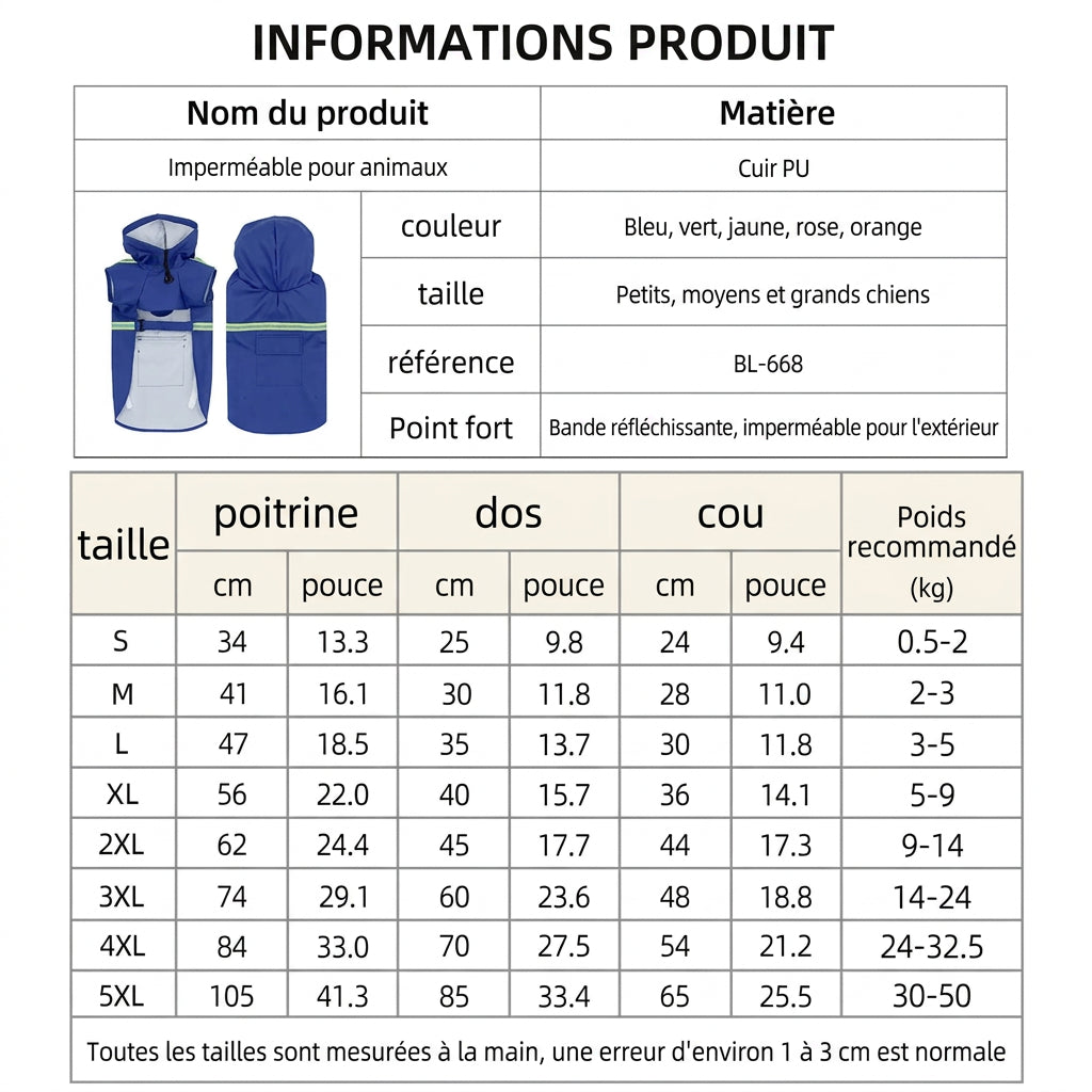 Guide des tailles de la cape de pluie