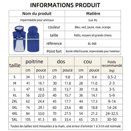 Guide des tailles de la cape de pluie