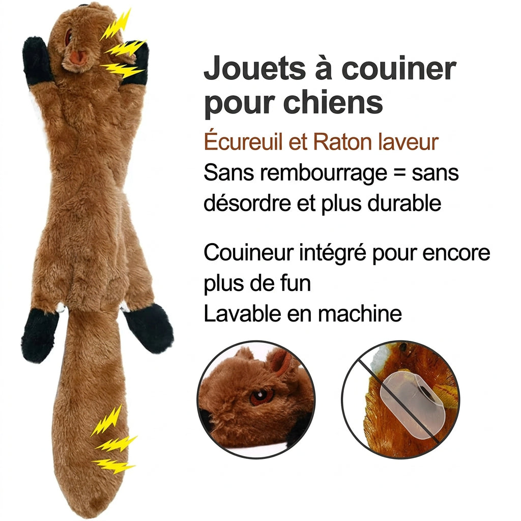 Peluche plate écureuil à couiner, sans rembourrage, lavable en machine