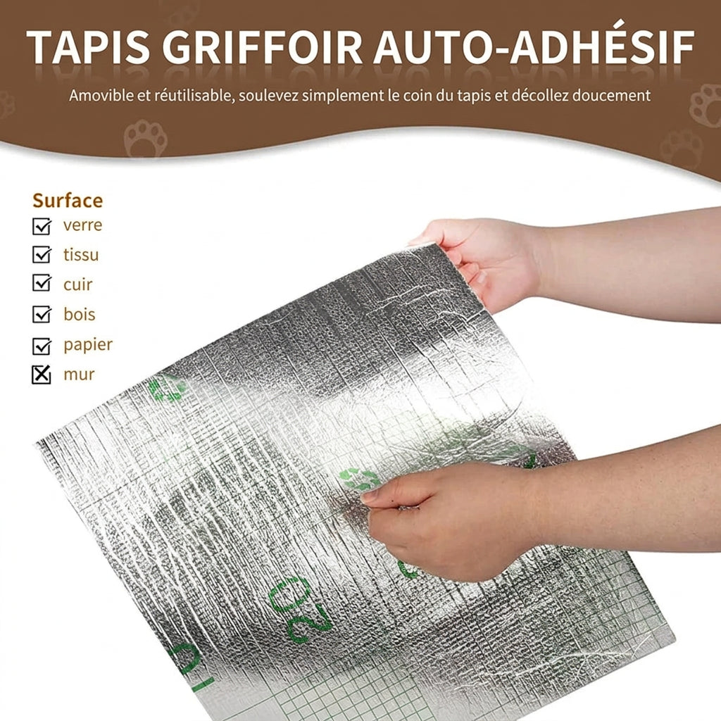 Tapis griffoir auto-adhésif, surfaces compatibles : verre, tissu, cuir, bois, papier