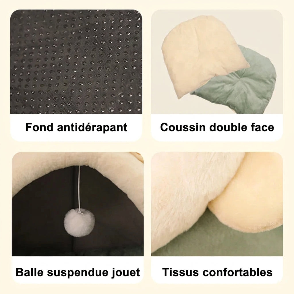 Détails de la tente Cocon Minou : fond antidérapant, coussin double face, balle suspendue et tissus confortables