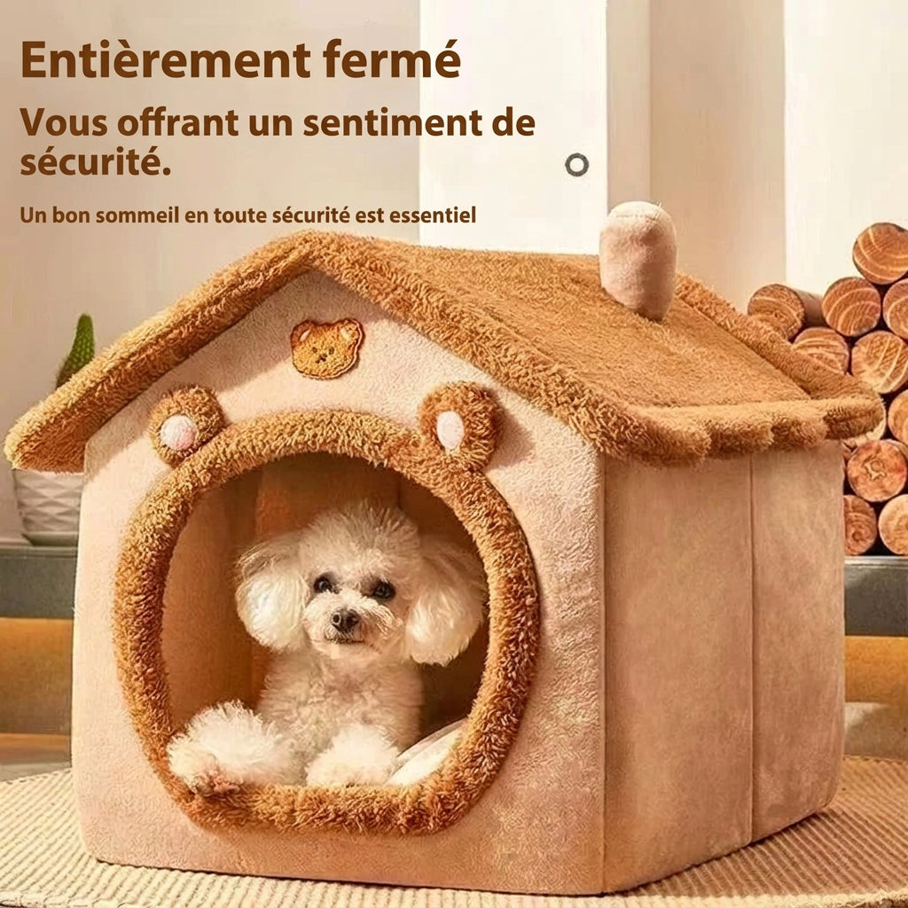Maisonnette Ourson douillette caramel, entièrement fermée, avec un petit chien à l'intérieur