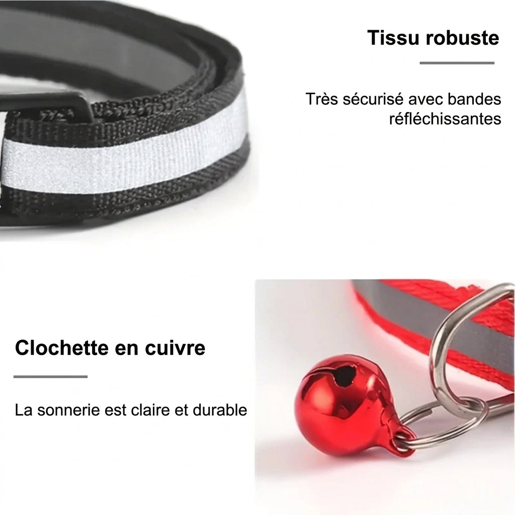Tissu robuste à bandes réfléchissantes et clochette en cuivre du collier