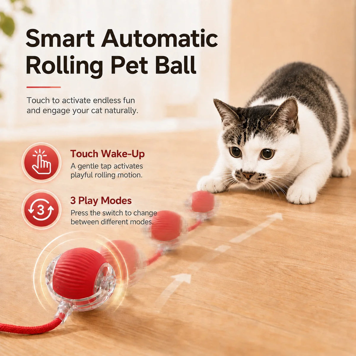 Balle roulante automatique pour chat, réveil au toucher et 3 modes de jeu