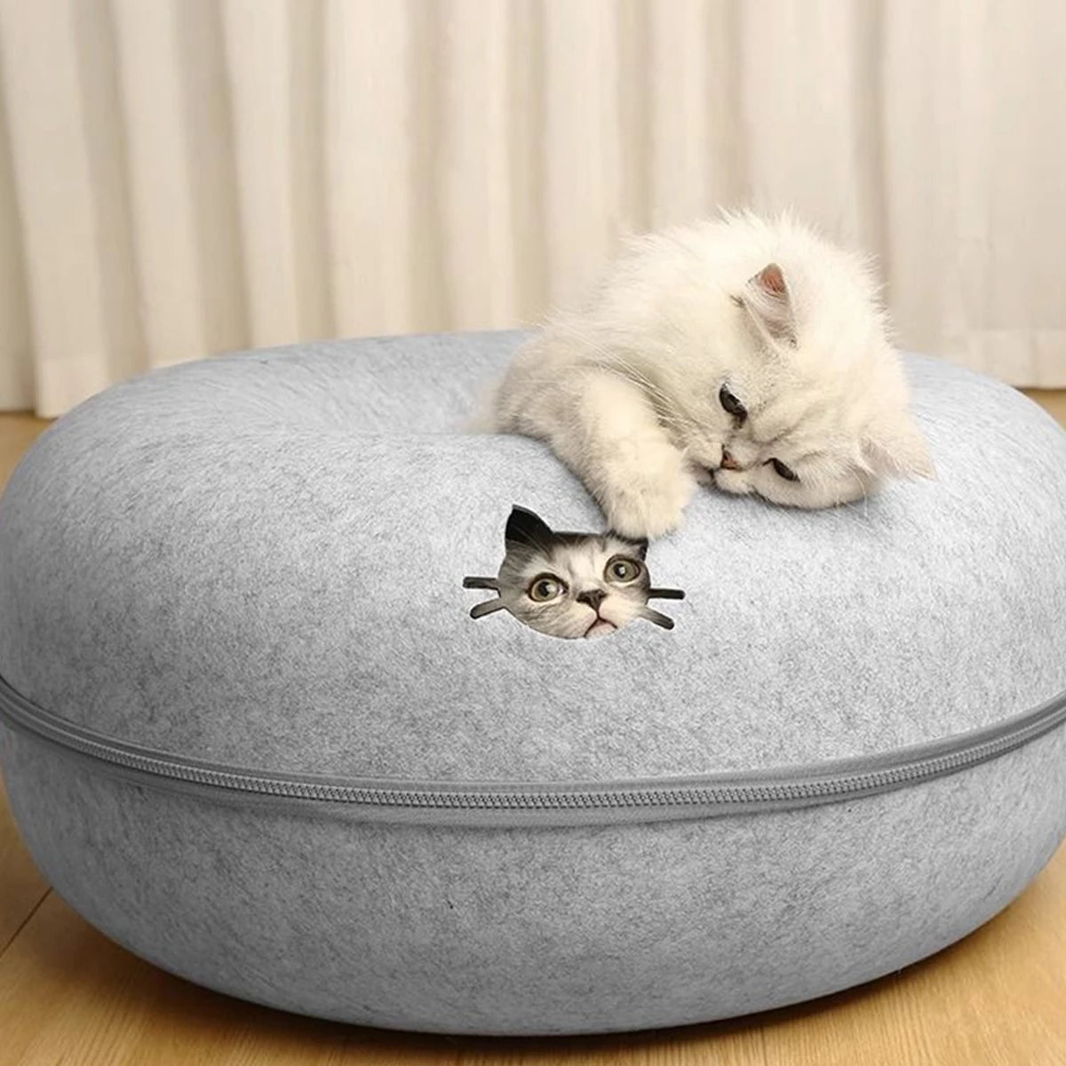 Chat caché dans le donut en feutre