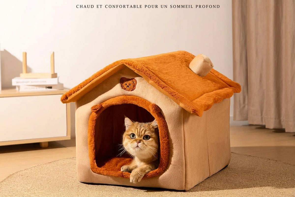 Maisonnette Ourson caramel avec un chat, chaude et confortable pour un sommeil profond