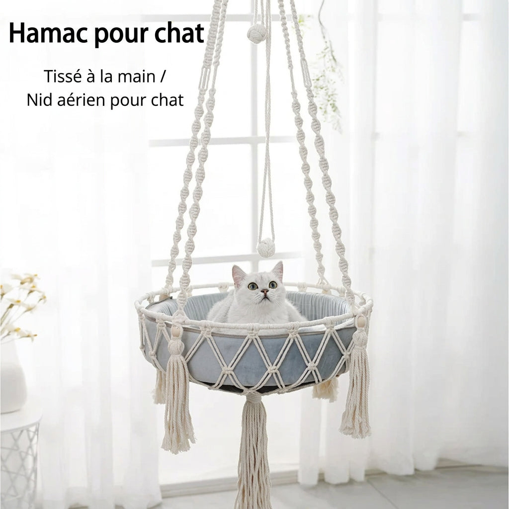 Hamac suspendu en macramé pour chat