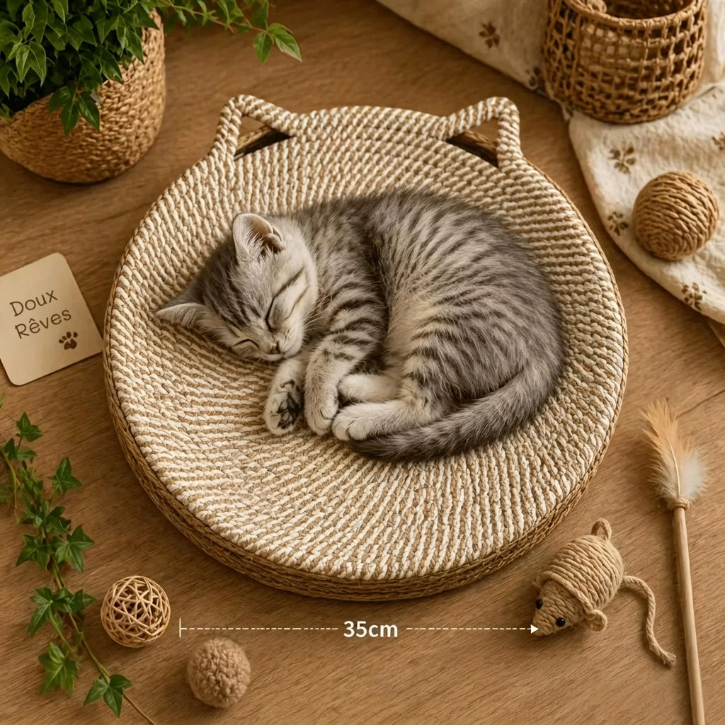 Lit griffoir rond en corde avec un chat endormi